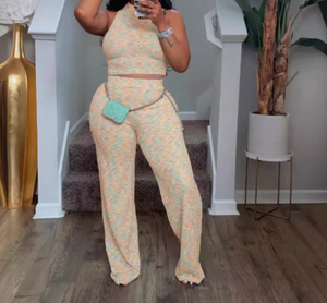 Viviblook Z812ST04 Traje de verano para mujer, informal, sin mangas, estampado, top corto, pantalones sueltos, talla grande, traje de dos piezas - Product Image 3