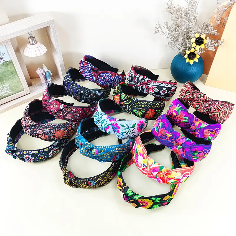 Headband Hairband New Trendy Embroidery Knotted Fashion Wide Weaving Hairbands Braided Headband Floral Hair Accessories