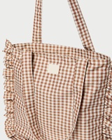Sac fourre-tout à volants en toile gingham marron crème imprimé sur mesure, sac à bandoulière vintage en coton à carreaux, sac à main en toile style Cottagecore, vente en gros