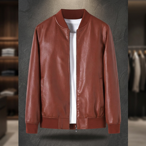 Chaqueta Bomber de Cuero PU para Hombre, Cuello Alto, Cierre de Cremallera, Estilo Casual, Color Sólido, Corte Regular, para Otoño - Product Image 4