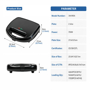 364185 CE/CETL 110V 220V Utilidades 750W Negro Tostadora, Sandwichera y Grill 3 en 1 con Placas Removibles Eléctrica - Product Image 4