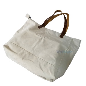 Custom Cheap Promotional Gift Fashion Metal Zipper Heavy Duty Canvas Tote Bag With Leather Handles