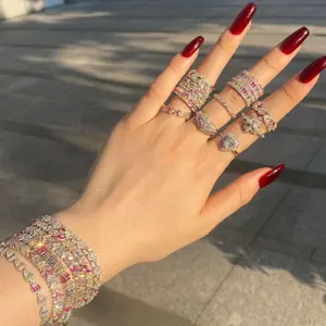 Desain baru Pink pelangi Cz kubik zirkonia cincin susun untuk wanita joyia 925 perak murni perhiasan cincin anting perhiasan Set