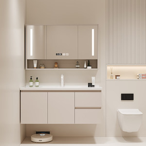 Ensemble de meubles de salle de bain modernes en bois massif couleur crème, résistant à l'eau, avec vasque en céramique intégrée, miroir, pour hôpital et appartement - Product Image 3