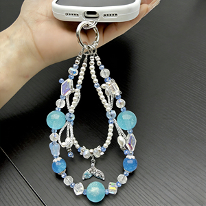 Chaîne de téléphone avec <span class=keywords><strong>pendentif</strong></span> queue de poisson serti de diamants, nœud tissé en perles bleues, porte-clés, cordon pour téléphone portable - Product Image 2