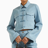 Wisrise Damen Hellblaue Cropped-Jeansjacke mit Chinesischen Knotenknöpfen, Weiten Ärmeln und Trendigem Fusion-Stil