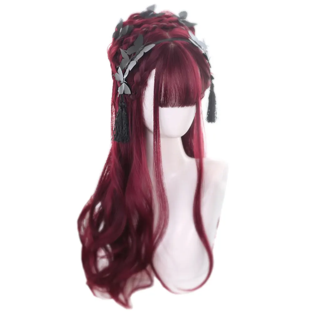 Purple Red Wine Long Wavy Synthetic Hair Wig Rose Net Air Bangs Japanese Lolita Rooming Face Natural Cute Girls Cosplay Wigs