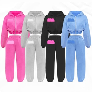 Custom Clothing Manufacturers Distressed Embroidery Patch <b>Zip</b> <b>up</b> Jackets Hoody and Sweatpants Gray <b>Cropped</b> Sweatsuit Set Women - Product Image 1