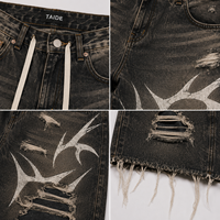 Shorts en jean baggy TaiDe certifiés GRS, motif flamme, effet usé, bords bruts, deux couleurs, logo personnalisé, vente en gros OEM pour hommes