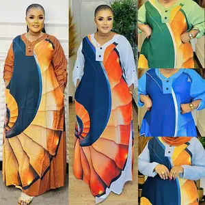 8901 Hot Sale Loose Floral Printed Long Maxi Causal Dress African Muslim Elegant Kaftan Robe Dresses