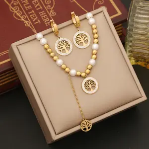 2023 Fashion 18K Gold Plated Stainless Steel Pearl Bead Necklace Set For Women Tree Of Life Pendant Necklace Earrings Jewelry