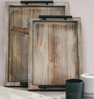 Plateau ottoman décoratif en bois brun rustique avec 4 sous-verres assortis pour servir ou décor à la maison