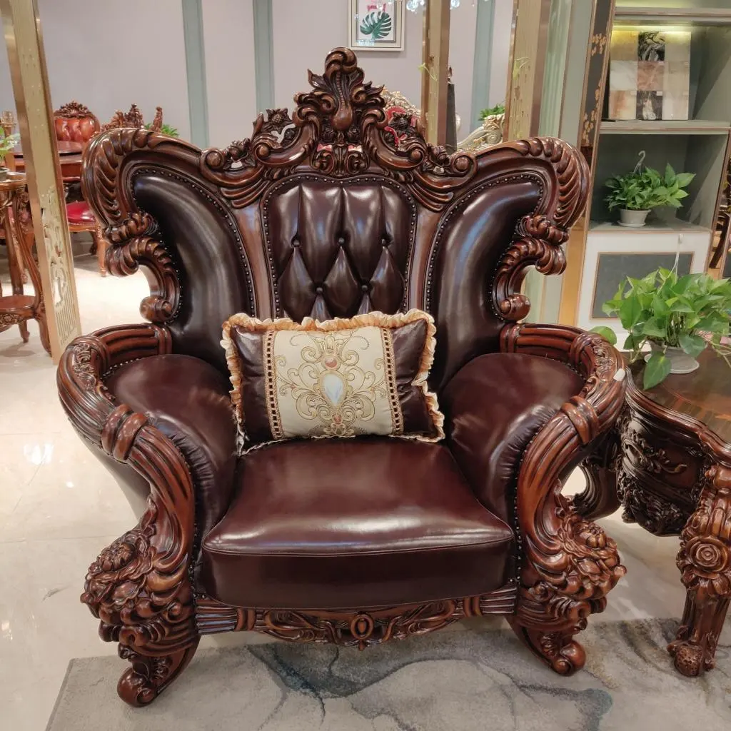 Factory direct luxury hand carved furniture leather European style living room antique sofa