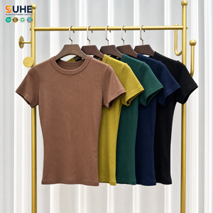เสื้อยืดแขนสั้นคอกลมทรงเข้ารูปสำหรับผู้หญิง SUHE ผ้าถัก สีพื้น ระบายอากาศได้ดี ความยาวปกติ สไตล์มินิมอล - Product Image 2