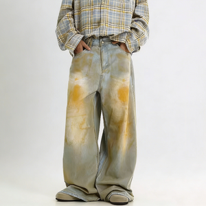 <span class=keywords><strong>Jean</strong></span> pour <span class=keywords><strong>homme</strong></span> <span class=keywords><strong>en</strong></span> denim vintage 100% coton de haute qualité, coupe ample à jambe large, imprimé effet boue sale - Product Image 1