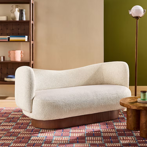Divano Chaise Longue Moderno a 2 Posti in Tessuto Bouclé con Base in Legno, Divanetto Contemporaneo Bianco Crema per Soggiorno - Product Image 4