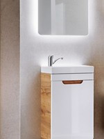 Ensemble de meubles de salle de bain design moderne en bois blanc brillant avec miroir LED et rangement modulaire