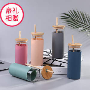 Vaso de vidrio con tapa de bambú y pajita, funda de silicona resistente al calor, taza de viaje en varios colores - Product Image 4