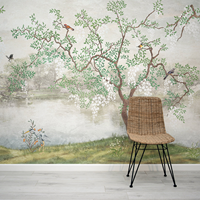 Papier peint non tissé mural Paysage Lacustre et Arbres, Taille personnalisée, Décoration murale élégante style Chinoiserie pour Salon, Chambre, Hall d'hôtel
