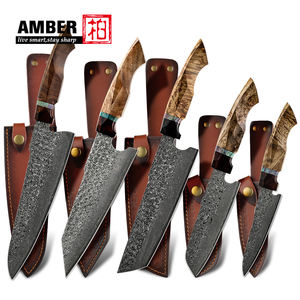 Artigianato di alta qualità martello damasco con decapaggio acido 5 pezzi coltello set superiore ergonomico manico in legno di sicomoro - Product Image 1