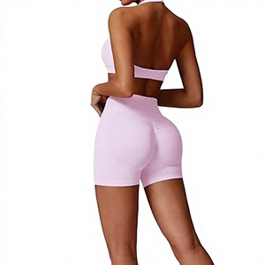 Solid Color Yoga Set Adjustable Straps High Waist Seamless Crop Top <b>Shorts</b> Two Piece Spandex/<b>Nylon</b> Breathable Workout Wear - Product Image 4