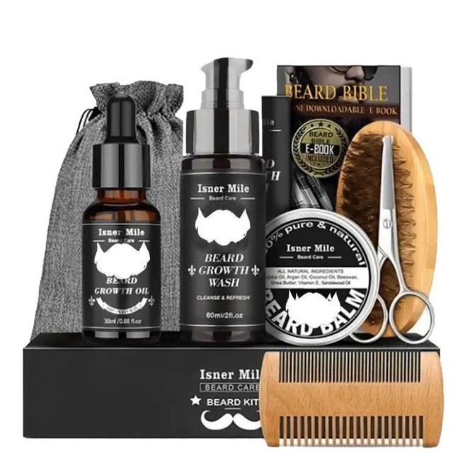 Mens Beard Care Tool Set Beard Roller 5 in 1 Kit Moisturizing Organic Growth Oil Shaving Knife Comb Wax Balm Set