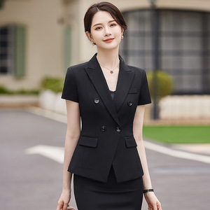 Women's Suit <b>Set</b> Short Sleeve Summer <b>Office</b> Lady Formal Work Uniform Breathable Worsted Fabric Gray Blue Black Skirt - Product Image 3