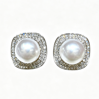 Boucles d'oreilles clous de luxe en perles rondes Edison de 10-11 mm, double couche carrée entièrement pavée de zircon, bijoux de mode pour femme