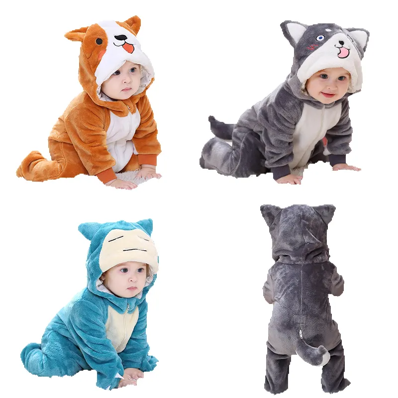 Winter Nette Husky Hund Baby Kinder Flanell Strampler Cartoon Tier Cosplay Kostüm Junge Mädchen Overalls Warme Onesie Pyjamas Körper Anzüge