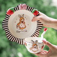 Vente en gros d'usine Ensemble d'assiettes bol en céramique lapin Vaisselle couleur sous glaçure Ensemble de vaisselle en céramique de haute qualité