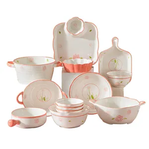 Creative Cute Sakura Tulip Decor Ceramic Plates Sets Dinnerware Tableware Square Dishes