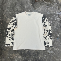 Produsen Pakaian Streetwear Kaos Rajut Waffle Lengan Panjang Oversize Motif Sapi Pria Kerah Bulat Warna-warni Patchwork Kustom