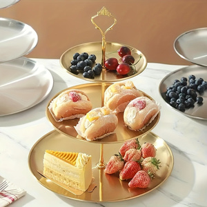 Ensemble de 2 plateaux à fruits en acier inoxydable à trois niveaux, style coréen, pour présentation de desserts, buffet, banquet, usage domestique quotidien - Product Image 1