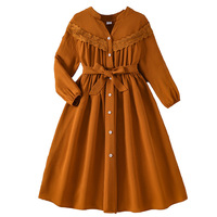 Robe élégante pour jeune fille, nouvelle collection automne 2026, couleur unie, col en V, manches longues, patchwork de dentelle, taille ajustée, pour filles de 8 à 12 ans