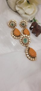Natural Kundan Polki (uncut or glass stones) arranged in intricate floral patterns <b>emerald</b> green cabochon Wedding Jewelry set - Product Image 2