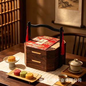 Solid wood <b>gift</b> basket, multi-layered holiday <b>gift</b> box, traditional pastry packaging box, <b>retro</b>-style portable <b>gift</b> box. - Product Image 3