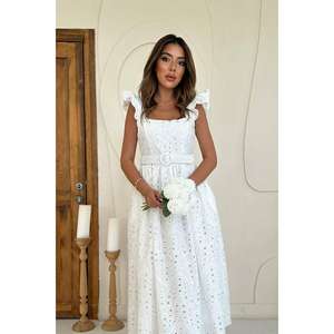 Robe de mariée élégante en dentelle blanche, coupe trapèze, col carré, taille naturelle, style vintage, respirante, longue - Product Image 3