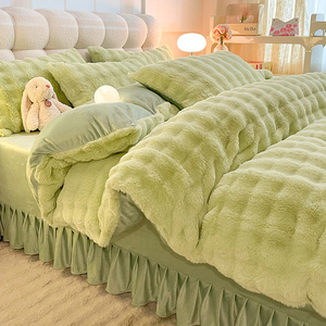 Rabbit Fur Milk Fleece Bedding Set Winter Thickened Warm Duvet Cover Pillowcases Bed Skirt Princess Style Stripe Pattern - Product Image 3