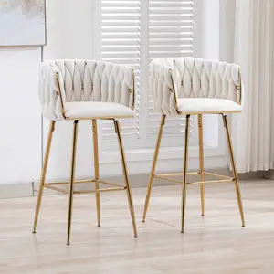 Beige Velvet Decorated Kitchen High Rotary island chair Bar Stools With Wrapped Fabric Backrest And Gold Metal Legs