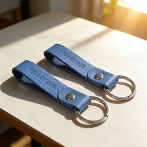 Simple Design Custom Logo Luxury Blue Cowhide Genuine Leather Keychain for Promotion