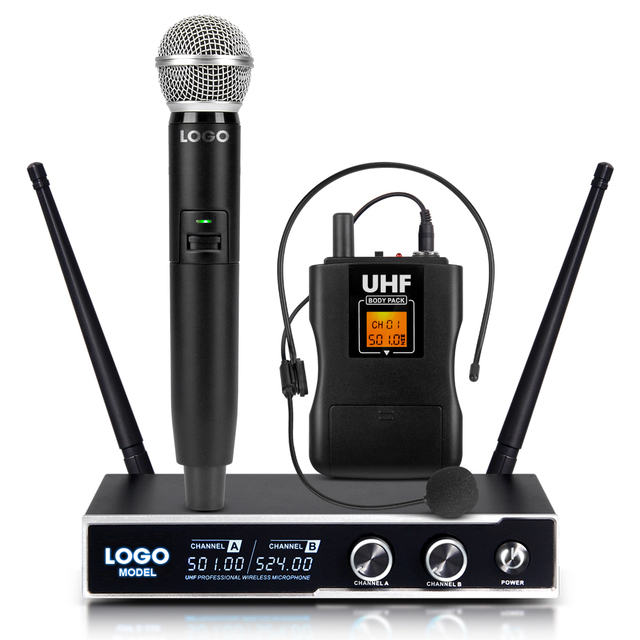 Professional Uhf Dual 2 Channel Headband Handheld Mic Long Range Wireless Microphone System for Stage