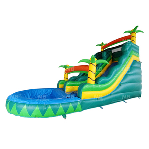 สไลเดอร์น้ำเป่าลมขนาดใหญ่สีฟ้าแบบสองเลน ลายต้นมะพร้าว สำหรับสนามหลังบ้าน พร้อมสระน้ำ - Product Image 5