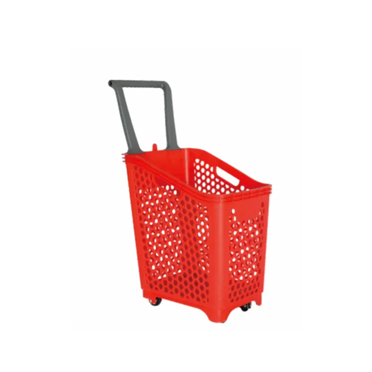 Cestino del supermercato del canestro di plastica di progettazione di modo con il cestino della spesa di rotolamento delle ruote