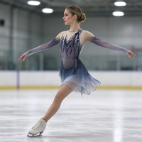 Robe de patinage et de danse dégradé gris-bleu, maille nude, manches longues, ligne de strass en forme de rose, pour enfants et adultes, compétition et performance
