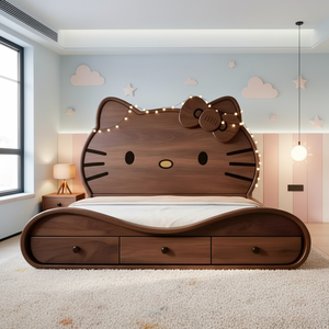 Nueva Cama Extensible de Madera Maciza de Nogal Chino con Diseño Hello <span class=keywords><strong>Kitty</strong></span>, Moderna y Sencilla, Cama Doble para Apartamentos Pequeños, Estilo de Dibujos Animados - Product Image 2
