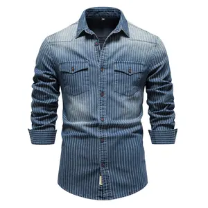 Mens Rửa Bông Dài Tay Áo Jean Áo Sơ Mi Biểu Tượng Tùy Chỉnh Sọc Quá Khổ Trống Thể Thao Polo Jeans Áo Sơ Mi