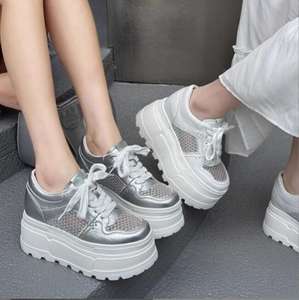 Scarpe Casual da Donna in Rete Bianche e <span class=keywords><strong>Nere</strong></span> <span class=keywords><strong>con</strong></span> <span class=keywords><strong>Suola</strong></span> Spessa, Piattaforma Rialzata e Lacci - Product Image 6