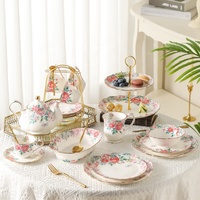 Service à thé et à café en porcelaine Rose de la série Flower Shadow, vaisselle de luxe pour la maison avec assiettes, bols, tasses et support à gâteau pour banquets et fêtes