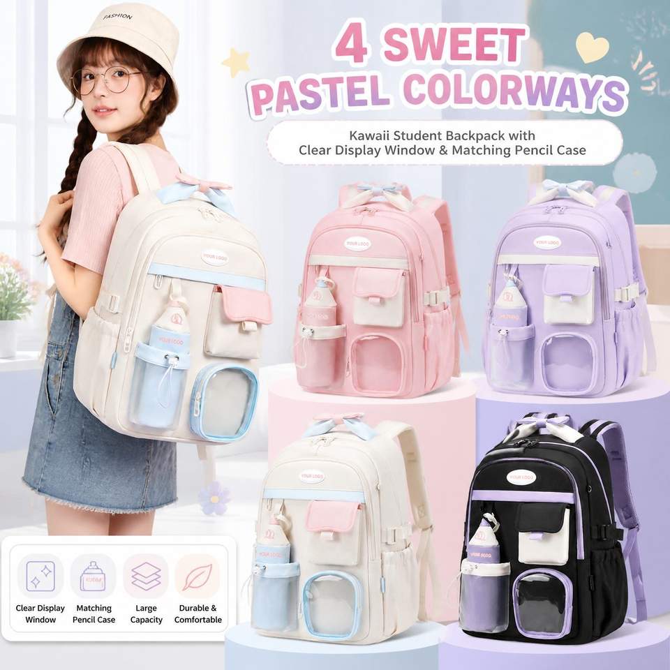 Custom Logo Cute Kawaii School Backpack Clear Display Window Pastel ...