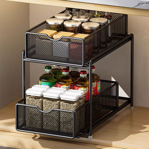2-Tier trượt Tủ giỏ tổ chức dưới bồn rửa chén đa sử dụng Pull-out bếp gia vị giá giữ kệ lưu trữ ngăn kéo Màu đen - Product Image 1